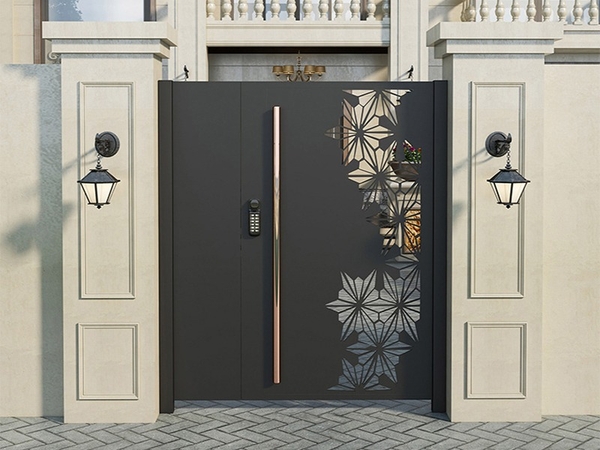 Mẫu Cửa Sắt CNC 2 Cánh Hiện Đại Phối Họa Tiết Thiên Nhiên