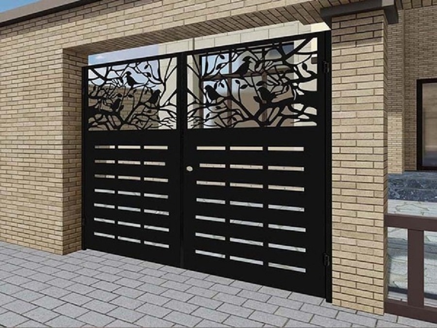 Mẫu Cửa Sắt CNC 2 Cánh Hiện Đại Phối Họa Tiết Thiên Nhiên
