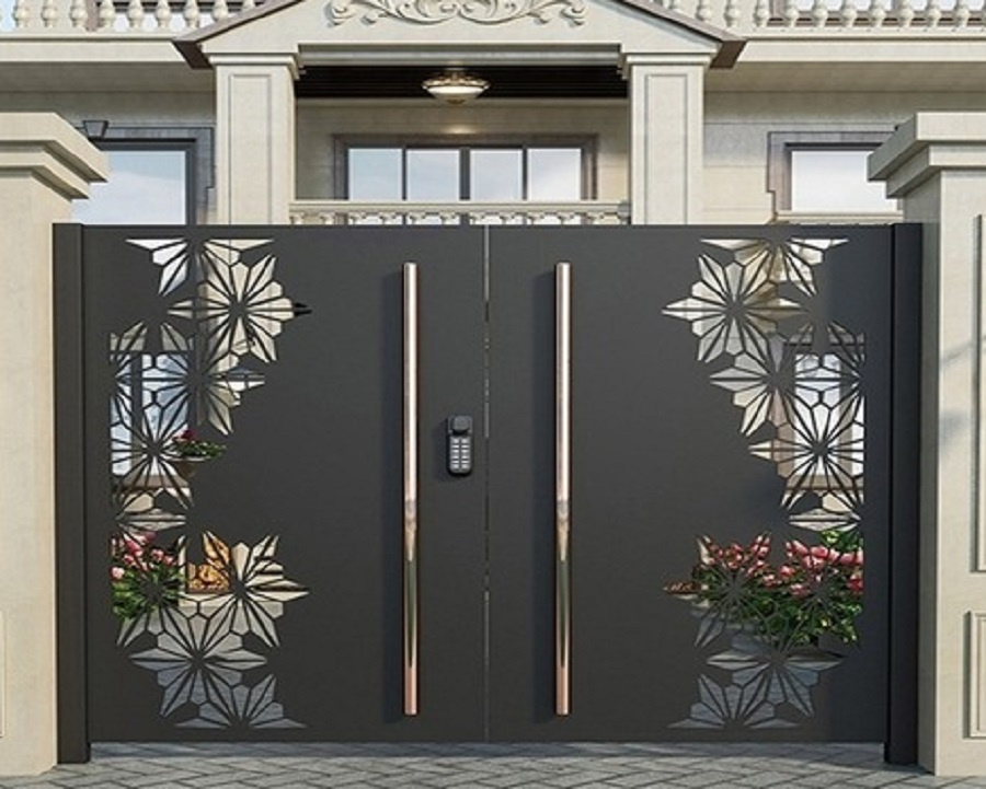 Mẫu Cửa Sắt CNC 2 Cánh Hiện Đại Phối Họa Tiết Thiên Nhiên